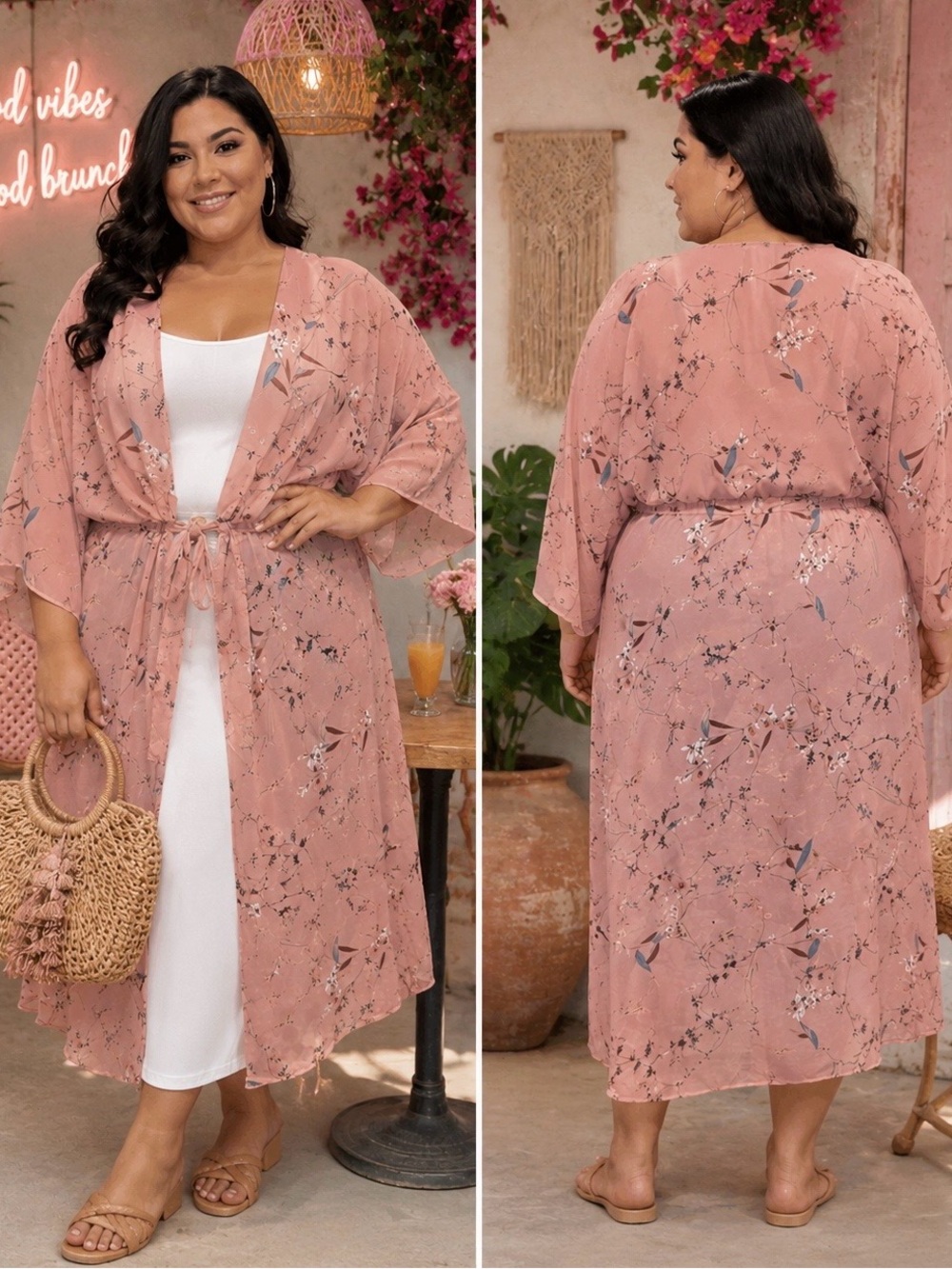 Blush Pink Floral Front-Tie Kimono Robe– Size 2XL–3XL - Picture 1 of 12